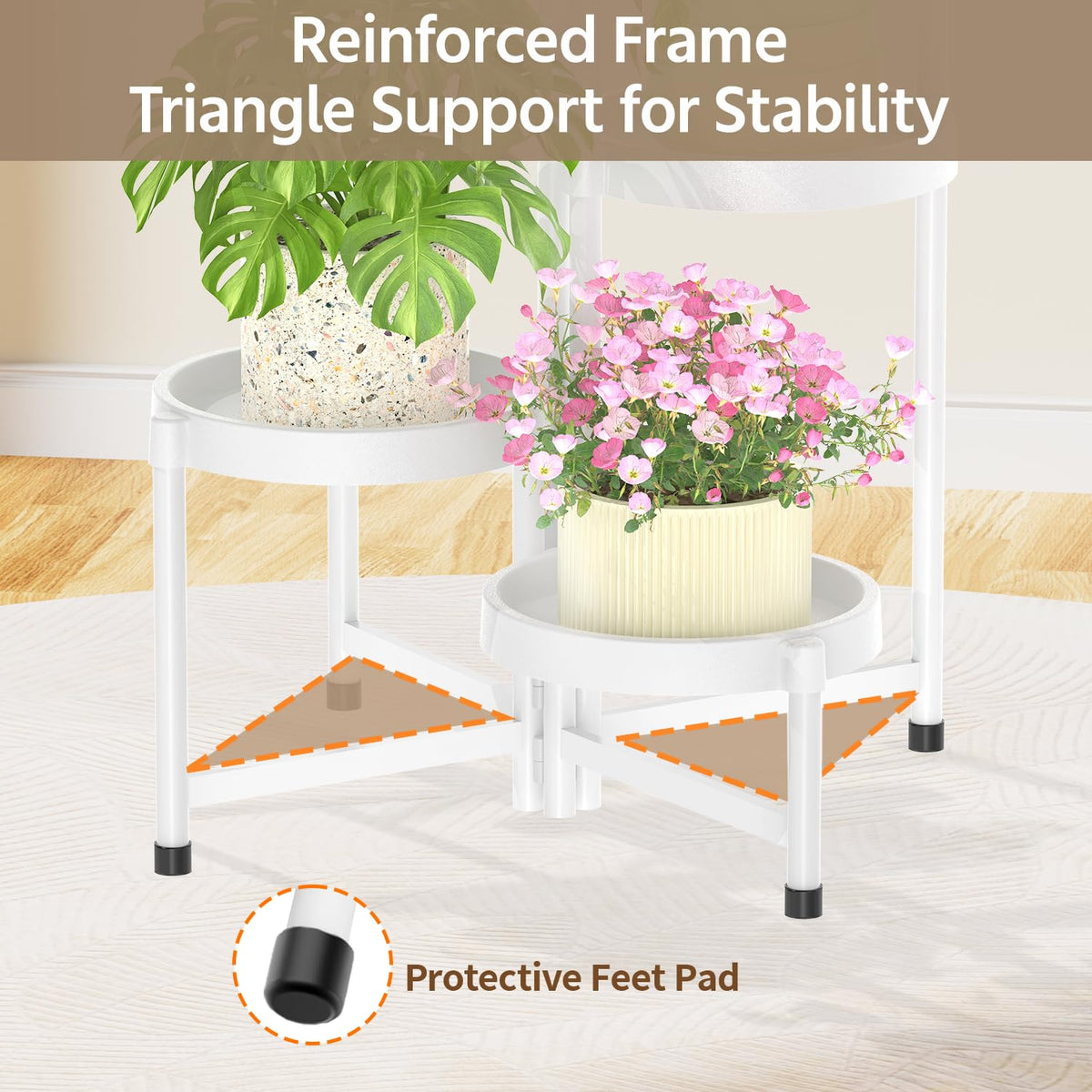 LASZOLA 5 Tiered Plant Stand Indoor Outdoor with Plastic Tray, Corner Folding Tall Flower Display Rack, Modern Plant Holder Shelf for Outdoor Patio Porch Garden Office Living Room, White
