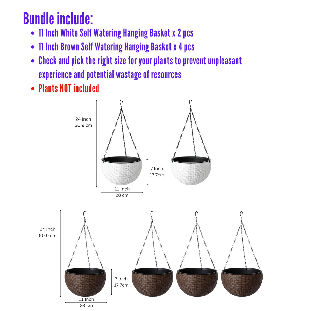LaLaGreen Bundle- 4 Pack, 11 Inch Brown + 2 Pack, 11 Inch White Self Watering Hanging Plant Pots Round Plastic Flower Baskets with Metal Chain Rattan Style Deck Balcony Decor Porch Patio Indoor Garden