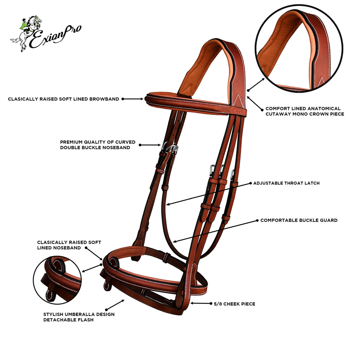 Exion English Hunter Jumping Bridle for Horses with Removable Flash Soft Yet Strong Rubber Reins | Royal Hunter Bridle | English Bridle for Horses