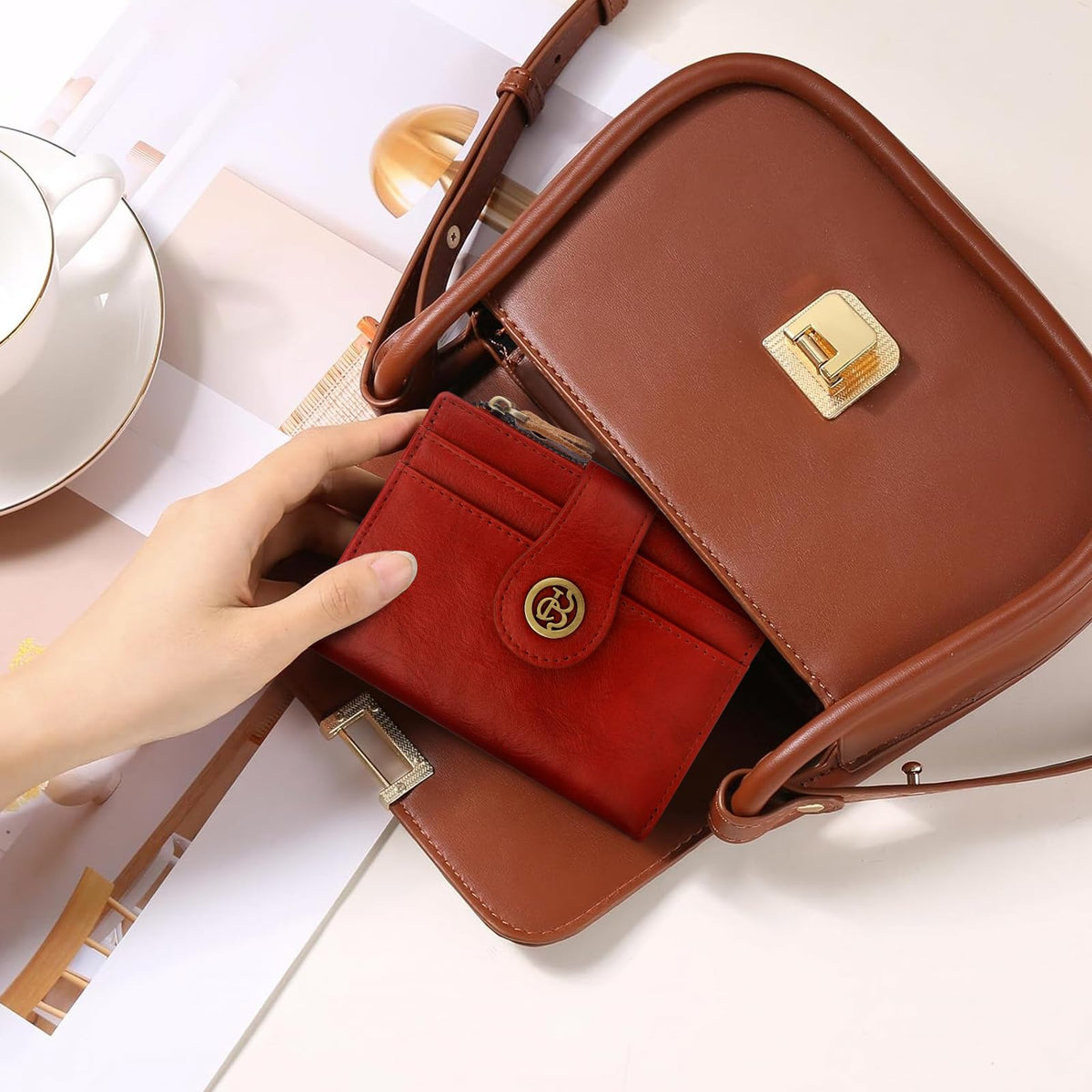 Blucoay Leather Wallet Women,RFID Blocking Small Wallet for Women Bifold Compact Slim Wallet Card Holder With Zipper Coin Pocket(Red)