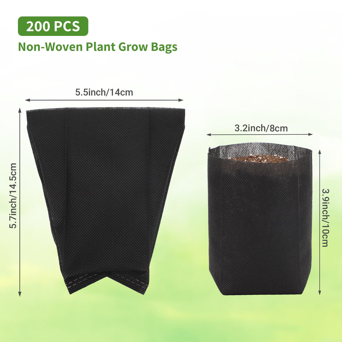 GREANER 200 PCS Biodegradable Grow Bags, Non-Woven Fabric Growing Pouches, Plant Nursery Bags for Planting, Grow Bags for Seed Starting, Soil Transplant, Home Garden Supply(5.5x5.7in)