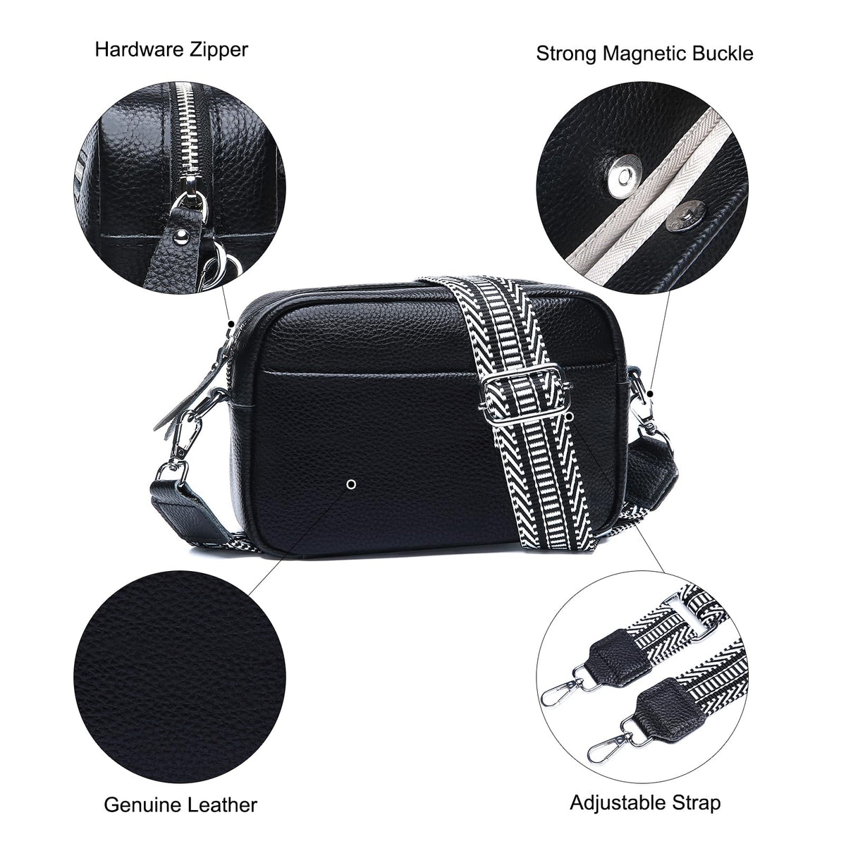Utenwat Small Crossbody Bags for Women Genuine Leather, Guitar Strap Shoulder Handbag Purse Camera Bag with Rfid Card Slots, Black