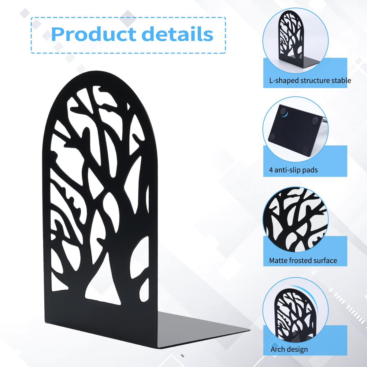 EOOUT Bookends for Shelves Decorative, 5 Pairs (10 Pack) of Tree Bookends Supports, Black Metal Book Stoppers for Heavy Books, Heavy Duty Book Ends for Home Office School.