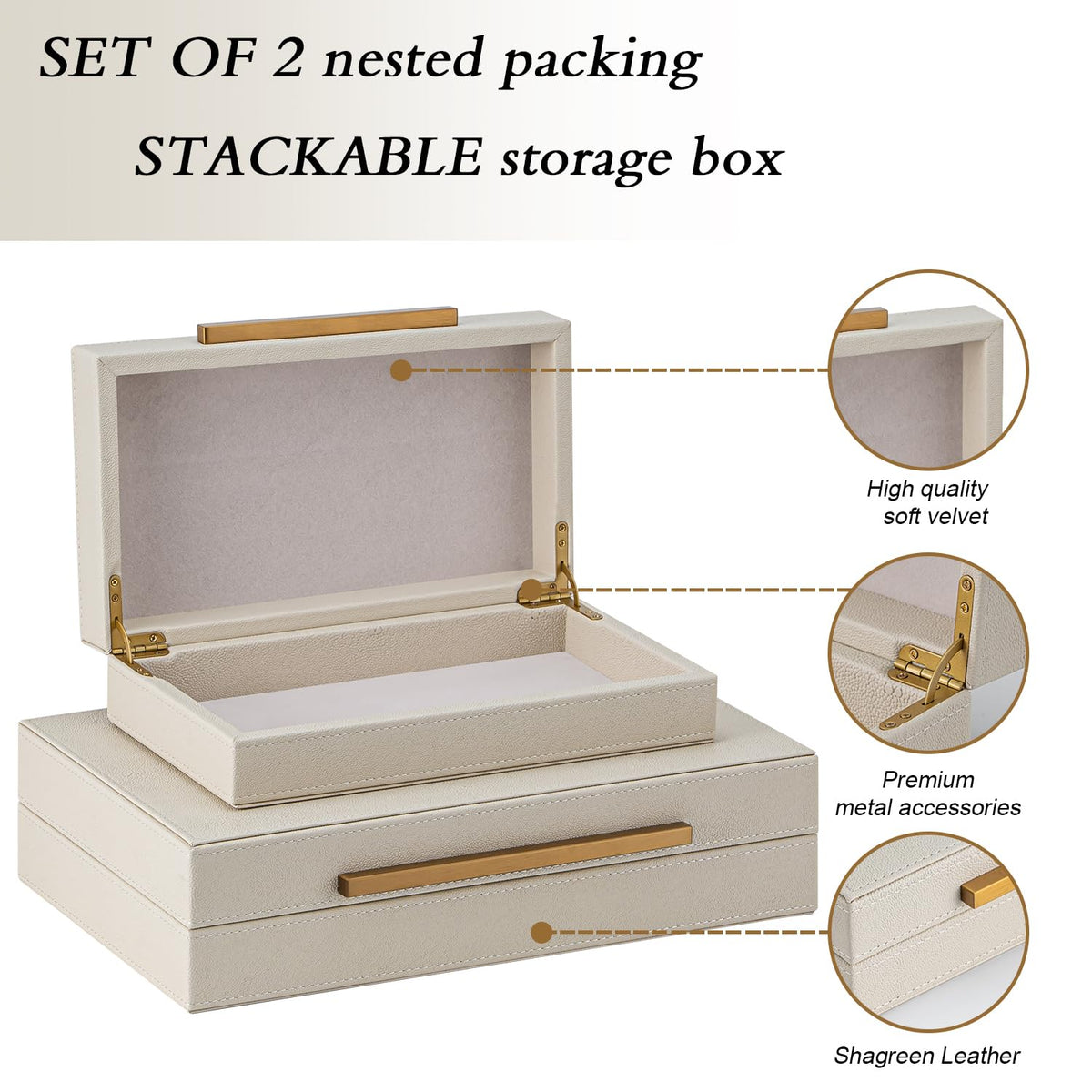 SYYSY Set of 2 Beige Shagreen Decorative Storage Boxes with Gold Metal Handles – Faux Leather Jewelry & Memory Boxes, Nesting Photo Organizers for Home Decor