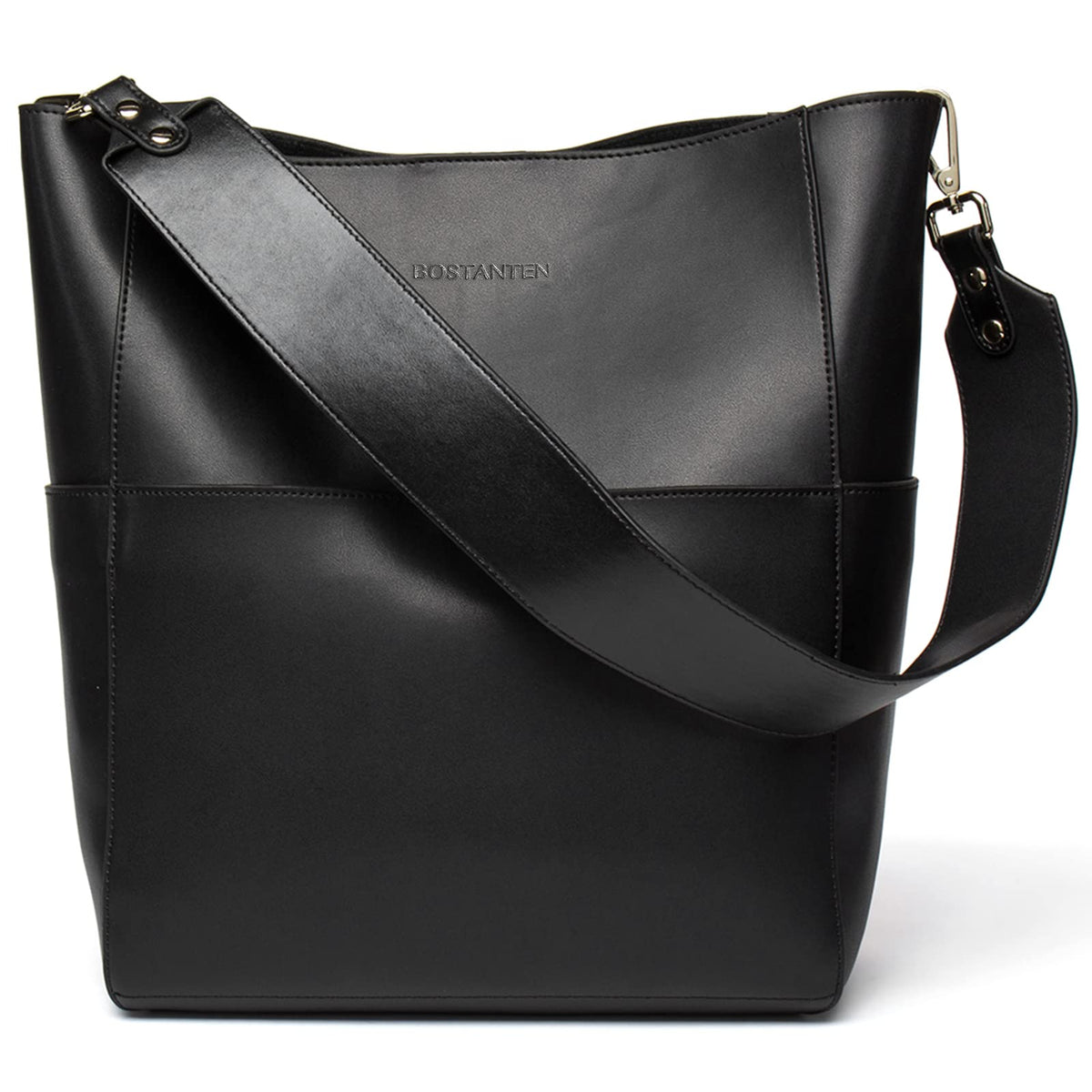 BOSTANTEN Women's Leather Designer Handbags Tote Purses Shoulder Bucket Bags with 2 Shoulder Strap, Black 9" L×5" W×12" H