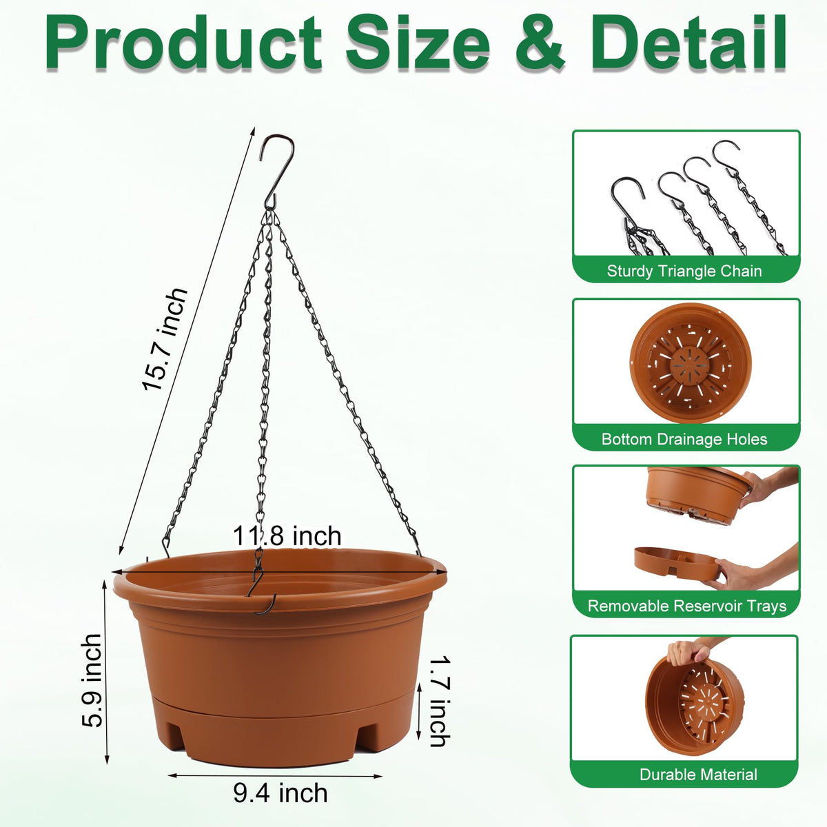 12 Inch Large Hanging Planters for Ootdoor Plants, 4 Pack Plastic Hanging Basket Pots with Drainage Trays & Chain, Hanging Pots for Plants Indoor Outdoor Garden Balcony Decoration (Terracotta)