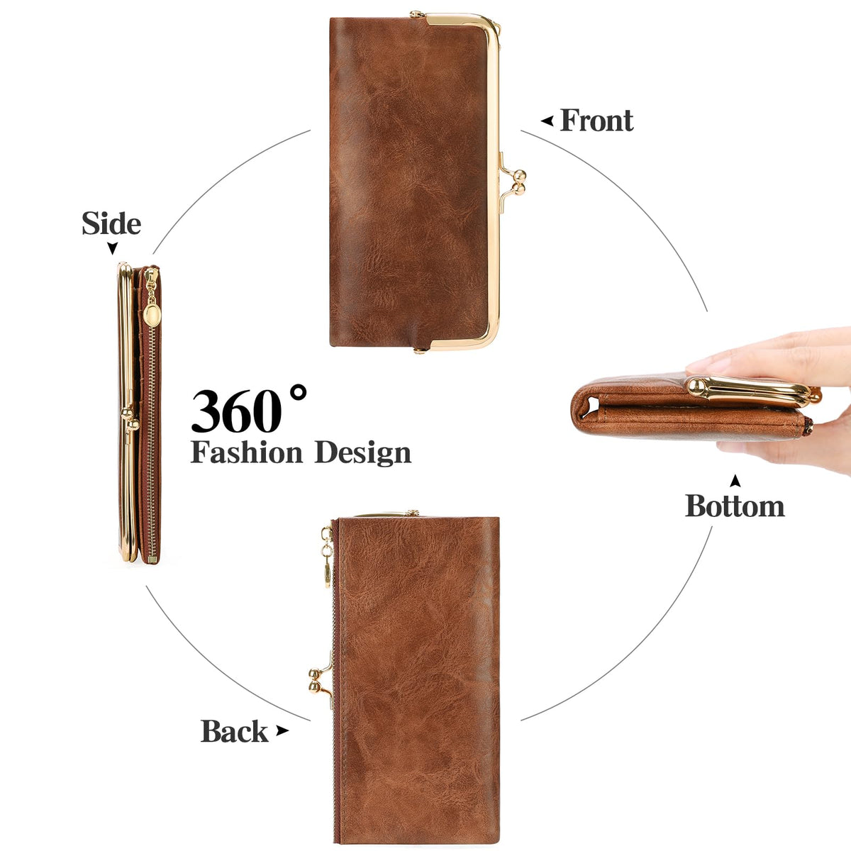 GOIACII Womens Wallet Ladies Vintage Billfold Compact Card Holder Long Zip Clutch Purse with Kiss Lock Brown