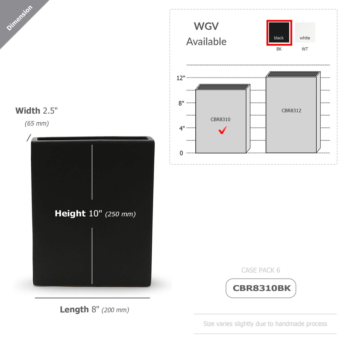 WGV Rectangle Block Ceramic Vase 8" x 2.5" x 10"H Black Tall Narrow Planter Terrarium Floral Centerpiece for Wedding Event Home Decor 1 Piece