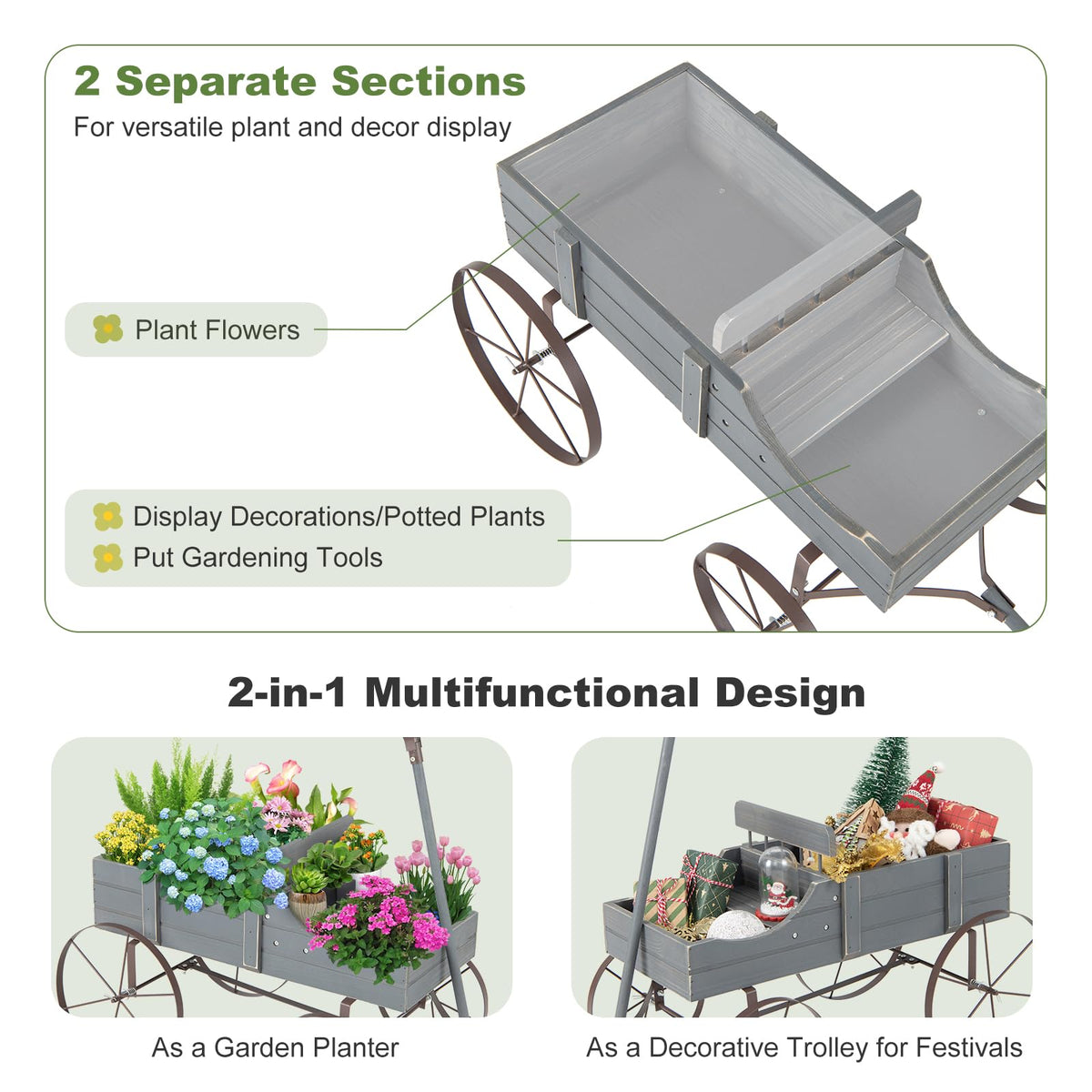 CHEFJOY Wooden Wagon Planter, Decorative Garden Wheelbarrow Planter with 2 Planting Sections, Rolling Wheels, Adjustable Handle, Small Wagon Cart Planter Stand for Flowers Vegetables Herbs (Grey)