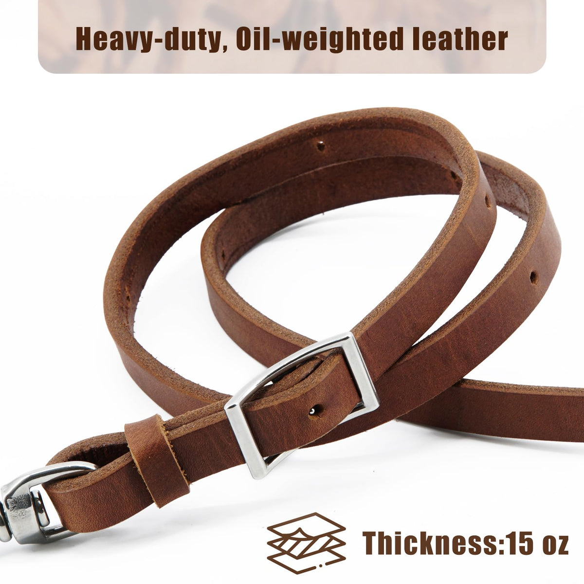 Jeereal Heavy Harness Leather Western Roper Rein,Barrel Reins for Horses, Round Trail Rein,Stainless Steel Hardware,Rich Brown,5/8" x 7'