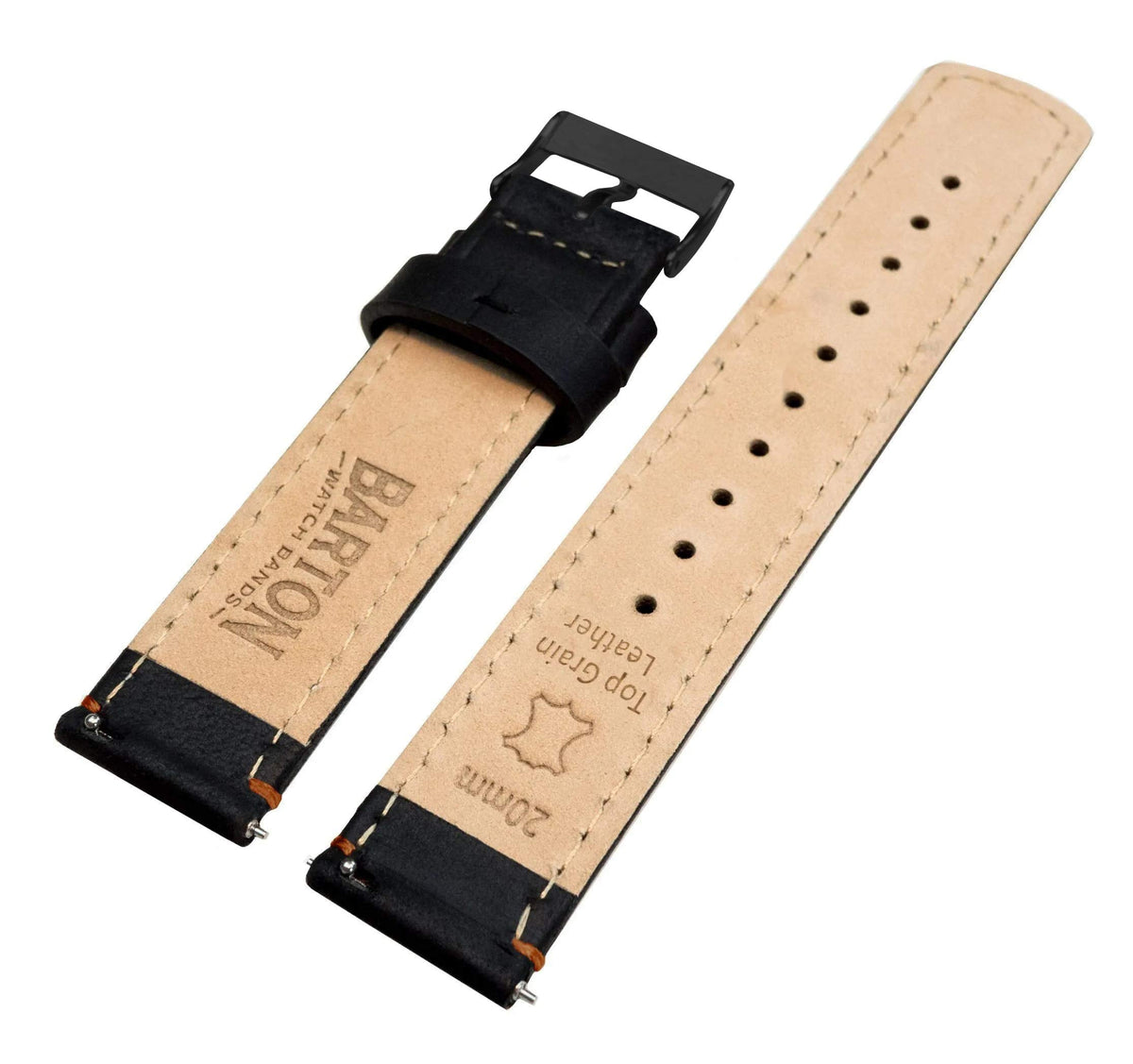BARTON WATCH BANDS 18mm Black/Orange Stitching Quick Release Leather Black Buckle Watch Band Strap