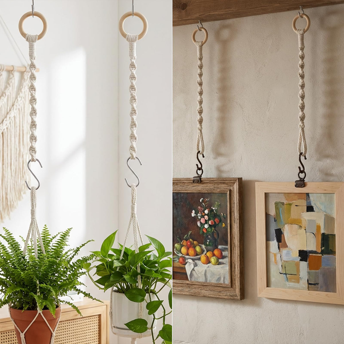Qulkws 3 Pcs Adjustable Macrame Plant Hanger Extenders with Wooden Ring Handmade Woven Hanging Basket Extension Connectable Rope Hanging Plant Extender for Outdoor Indoor Plants Pot Holder Home Decor