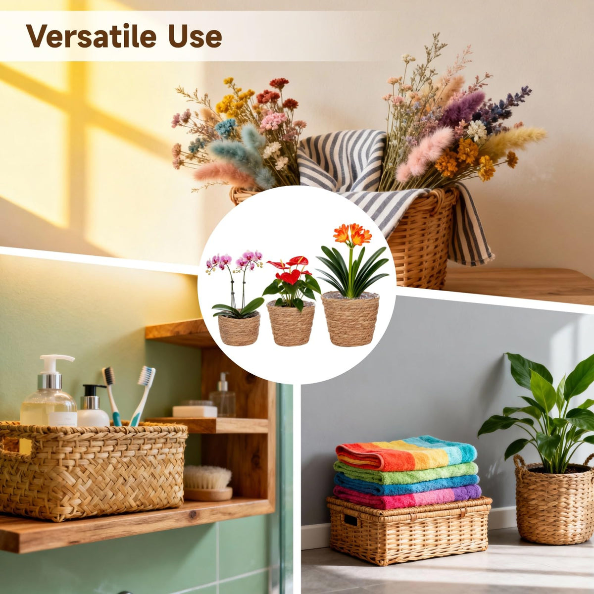 6 Pcs Plant Baskets Indoor with Plastic Liners, Wicker Hand Woven Plant Baskets, Flower Pots Storage Containers in 3 Sizes, Decorative Planters for Home, Balcony, Office
