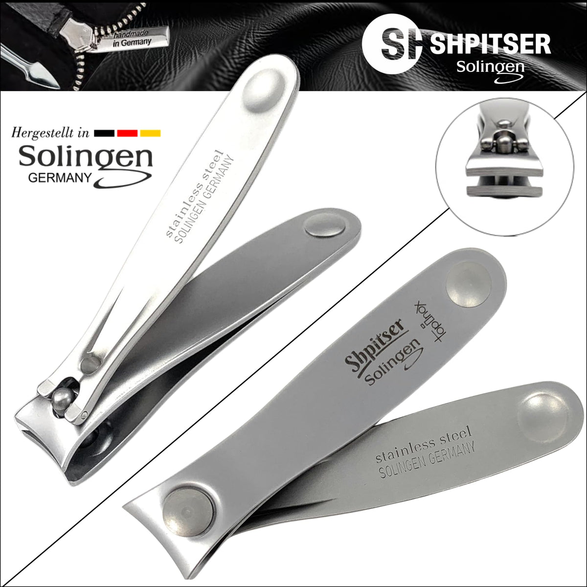 Shpitser Manicure and Pedicure Set of 4 Surgical Stainless Steel Instruments, Made in Solingen, Germany, Luxury Topinox Grooming Kit In Full Grain Nappa Leather Case (Black)