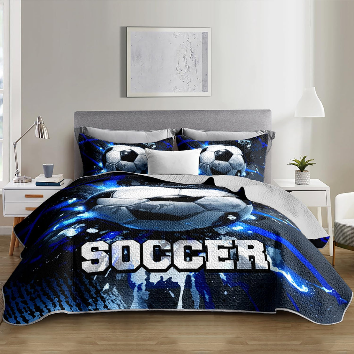 UEVBF Football King Bedding Set,Balls Sports Themed Quilted Quilt Sets for Kids Boys Teens Soccer Room Decor,Dark Blue Tie-dye Style Bedding Sets with 2 Pillowcases.