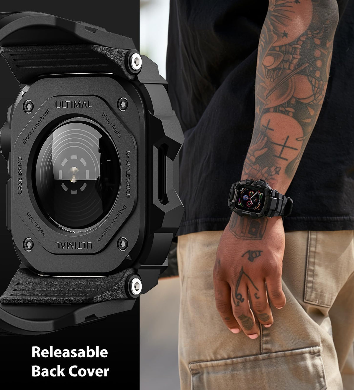 ULTIMAL Rugged Case with Band for Apple Watch 44mm,Compatible with Apple Watch Series SE 3/SE 2/SE Generation/6/5/4, Military Grade Shockproof Bumper Cover for iWatch Tactical Band Men (Black, 44mm)