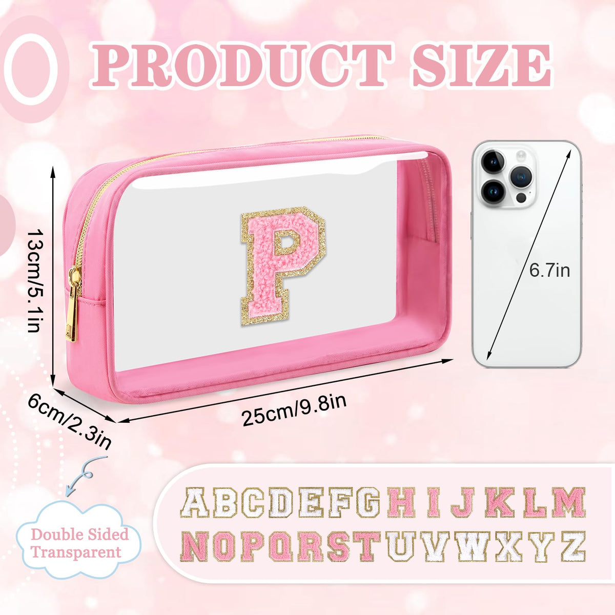 Small Clear Personalized Initial Makeup Bag, Preppy Nylon A-Z Chenille Letter Patch Makeup Organizer TSA Approved Travel Toiletry Bag,Waterproof Zip Beach Cosmetic Pouch Purse for Women(Pink-Pink P)
