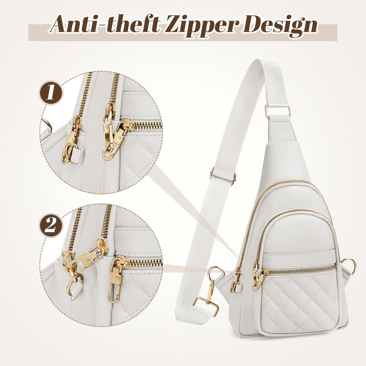 JASGOOD Women Anti-theft Crossbody Sling Bag, Leather Chest Bag Sling Backpack for Fashion Travel,White