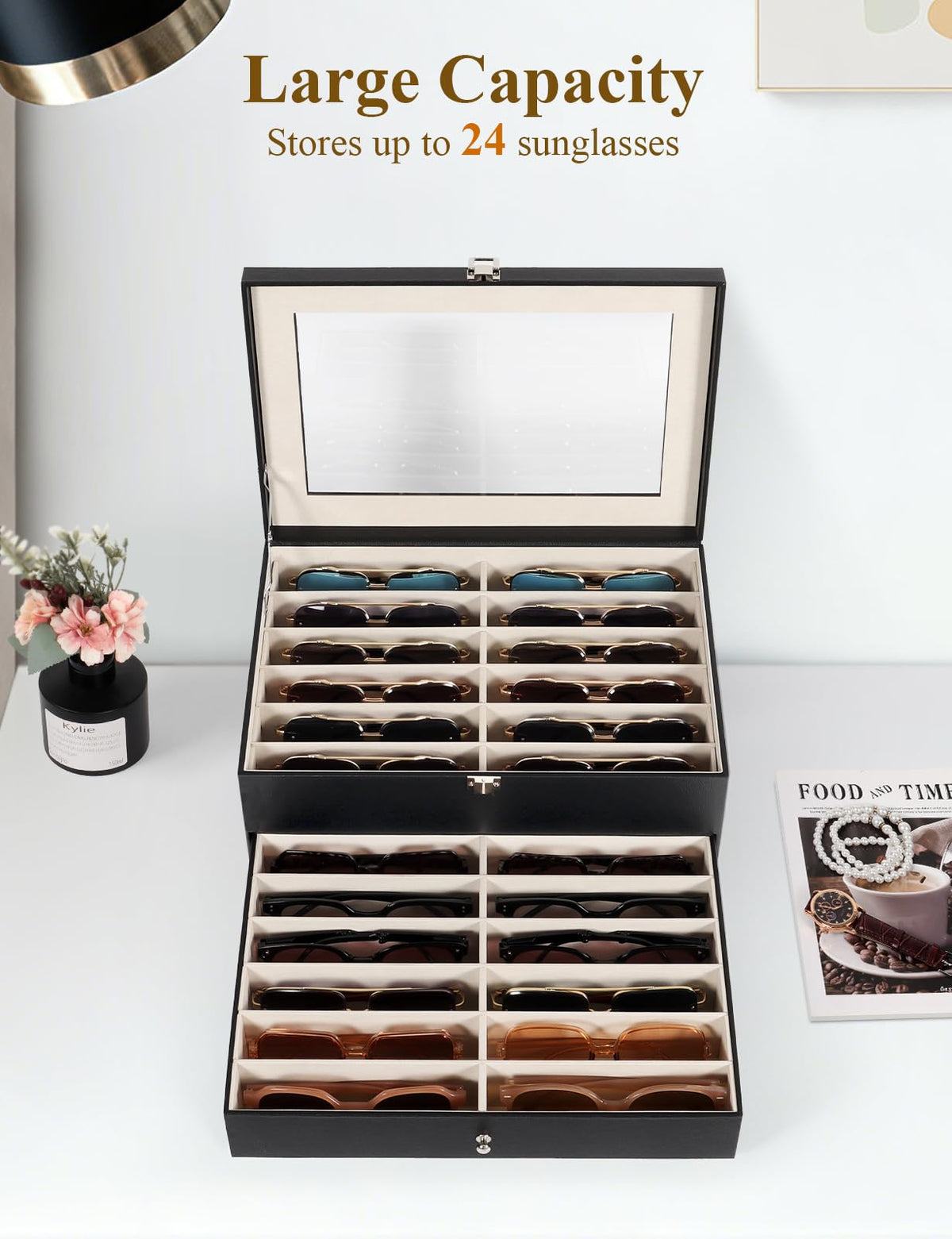Huvon Sunglasses Storage Organizer Case with 24 Adjustable Slots, 2 Layer Multi Eyeglass Glasses Display Box with Lid Women