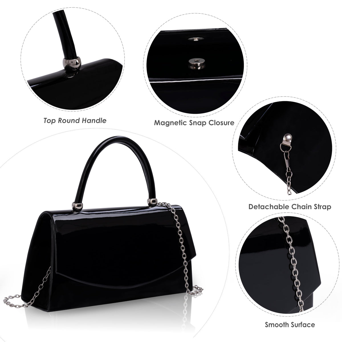 Larcenciel Patent Leather Evening Clutch Handbag, Classic Black Purses for Women w/Chain Strap & Magnetic Closure, Elegant Envelope Top Handle Party Bags for Wedding Formal Events Cocktail Party Prom