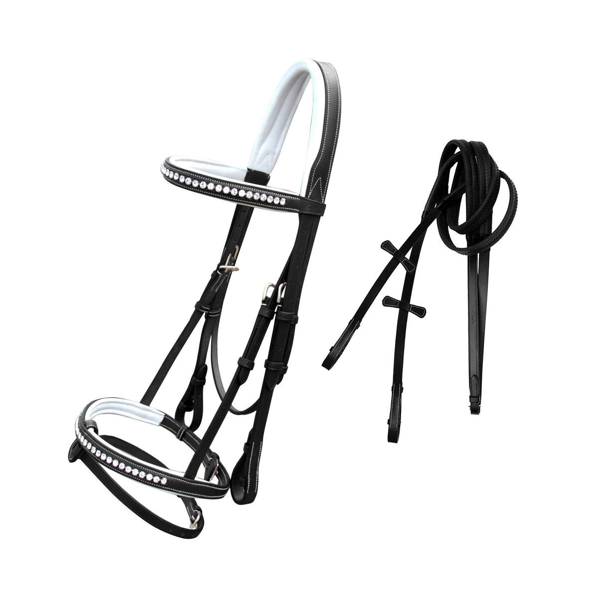 Exion White Shine Blings & Browband & Snaffle Bling Noseband & White Soft Lined Padded Bridle & Rubber Reins. | Browbands with Bling | Bling Browbands | English Tack for Horses