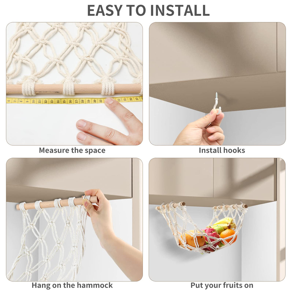 Motarna Hanging Fruit Hammock with Hooks, Hanging Fruit Basket Under the Kitchen Cabinet for Storing Banana Fruits, Hand-Woven Hanging Basket, Valentine's Gifts for Kitchen Décor, Rectangle