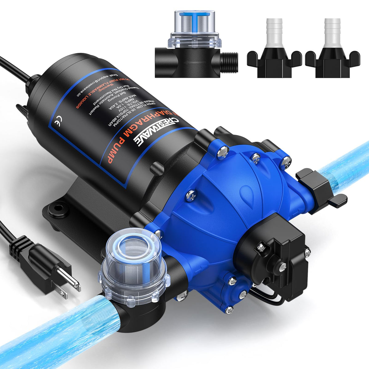 CrestWave Fresh Water Pump 7GPM 70PSI, 110V AC, Upgraded Five Chamber Self-Priming Diaphragm Water Pump with Pressure Switch and Strainer for RV, Home Water System, Irrigating & Industrial Settings