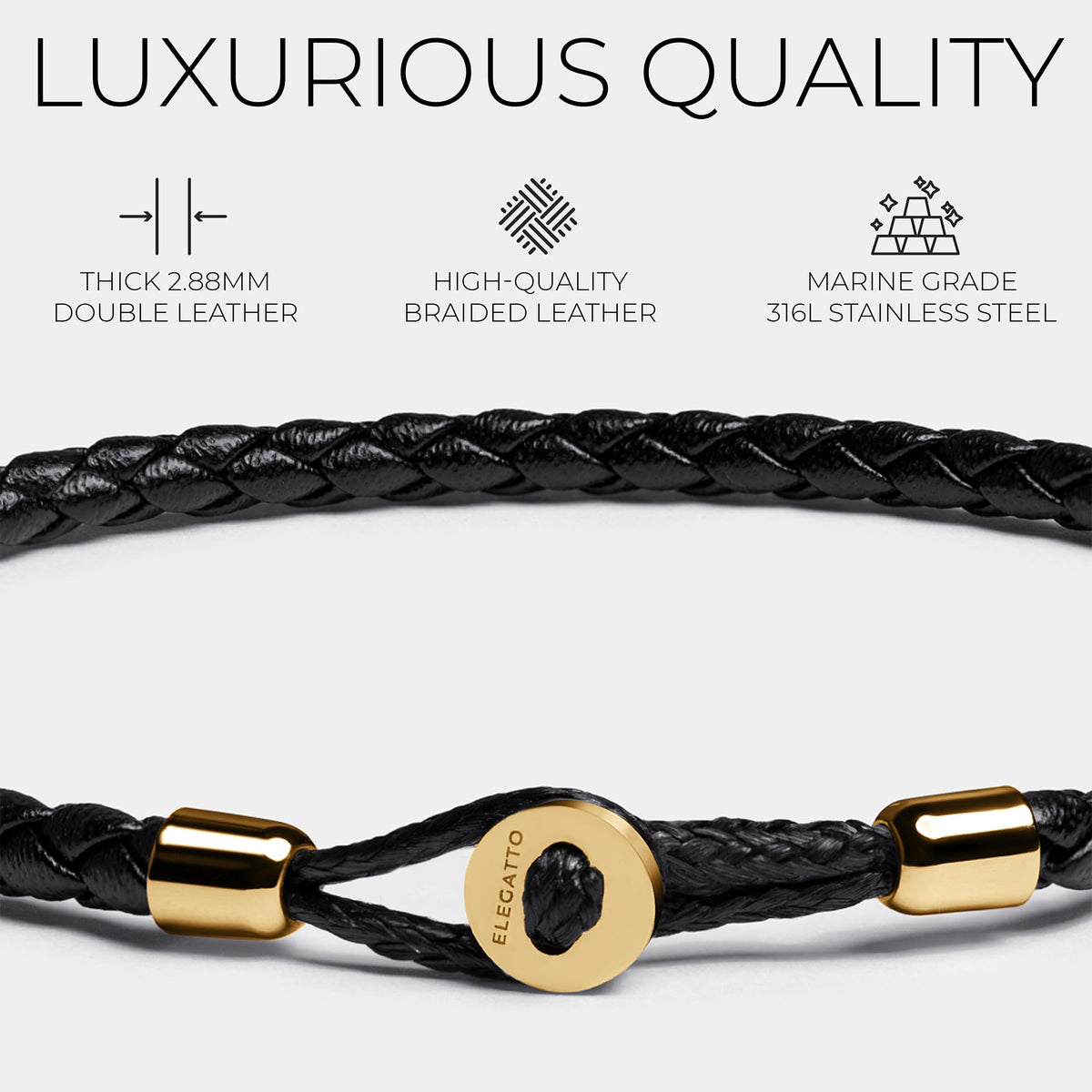 Elegatto Uno Premium Braided Leather Bracelet for Men | Full-Grain Leather with 18k Gold-Plated Stainless Steel Closure | Men’s Designer Bracelets | Gold Large