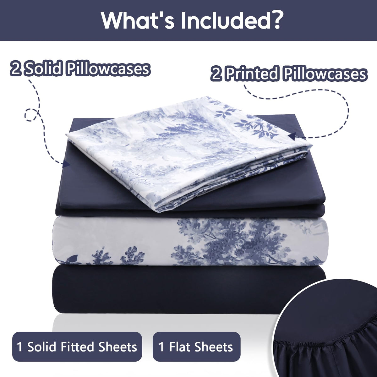 LONAVA Botaincal Queen Size 6 Pcs Sheet Set, Breathable Microfiber Deep Pocket Navy Fitted Sheets, Comfy & Breathable Patterned Flat Sheets,4 Gentle Soft Pillowcases, Blue Forest