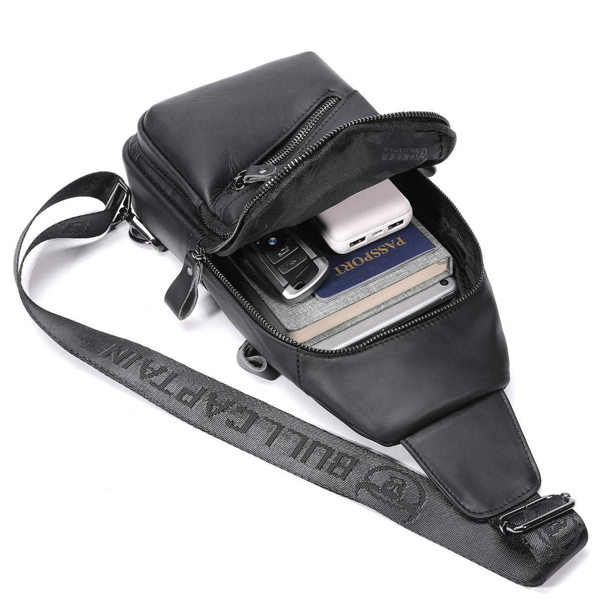 Leather Sling Bag for Men Crossbody Backpack with USB Charging Port Casual Daypack for Hiking Shoulder & Chest Bag Purse (Black)