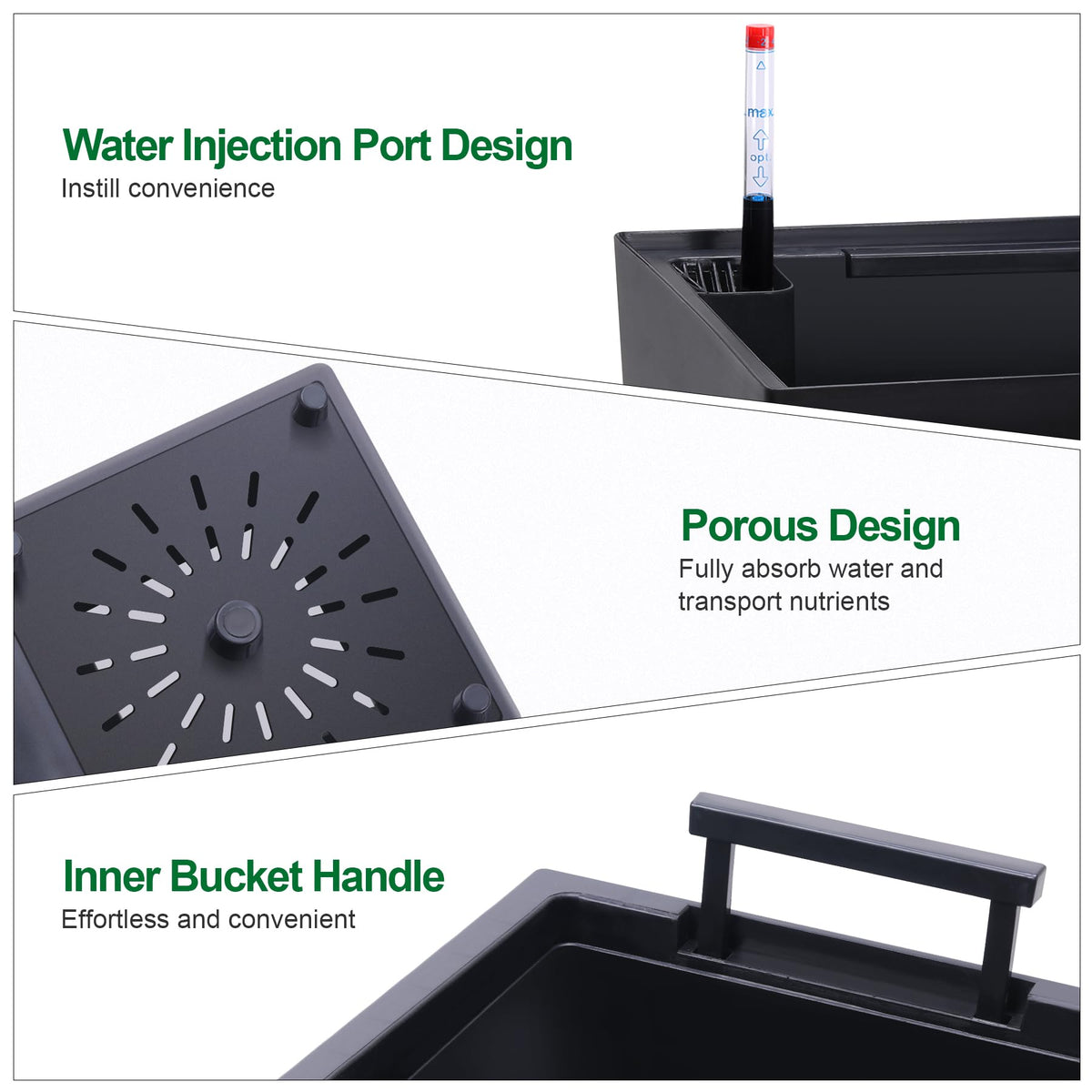 Black Planters Outdoor Set of 2, 22 Inch Tall Plastic Planter with Drainage Holes & Water Level Monitor & Inner Bucket, Indoor & Outdoor Large Planters for Front Porch, Patio, Balcony, Living Room