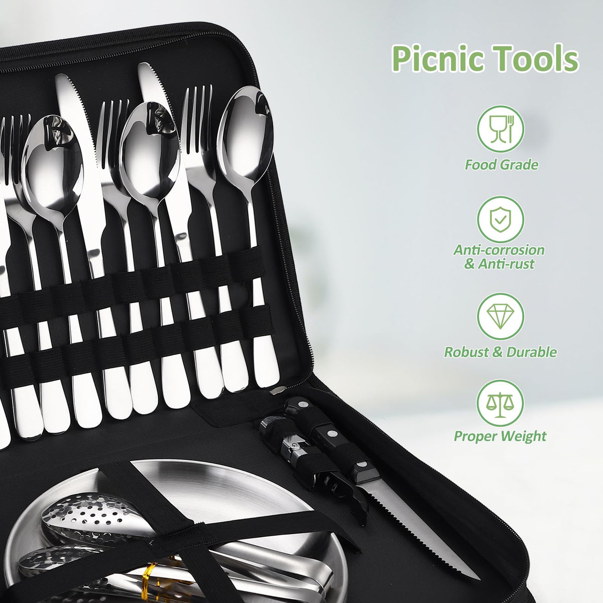 Camping Kitchen Utensils Set - 24 Piece Travel Silverware Cutlery Organizer with case Stainless Steel Reusable Cooking Utensils for 4 Person - Perfect for Hiking, Picnics, Backpacking & BBQ Mess Kit