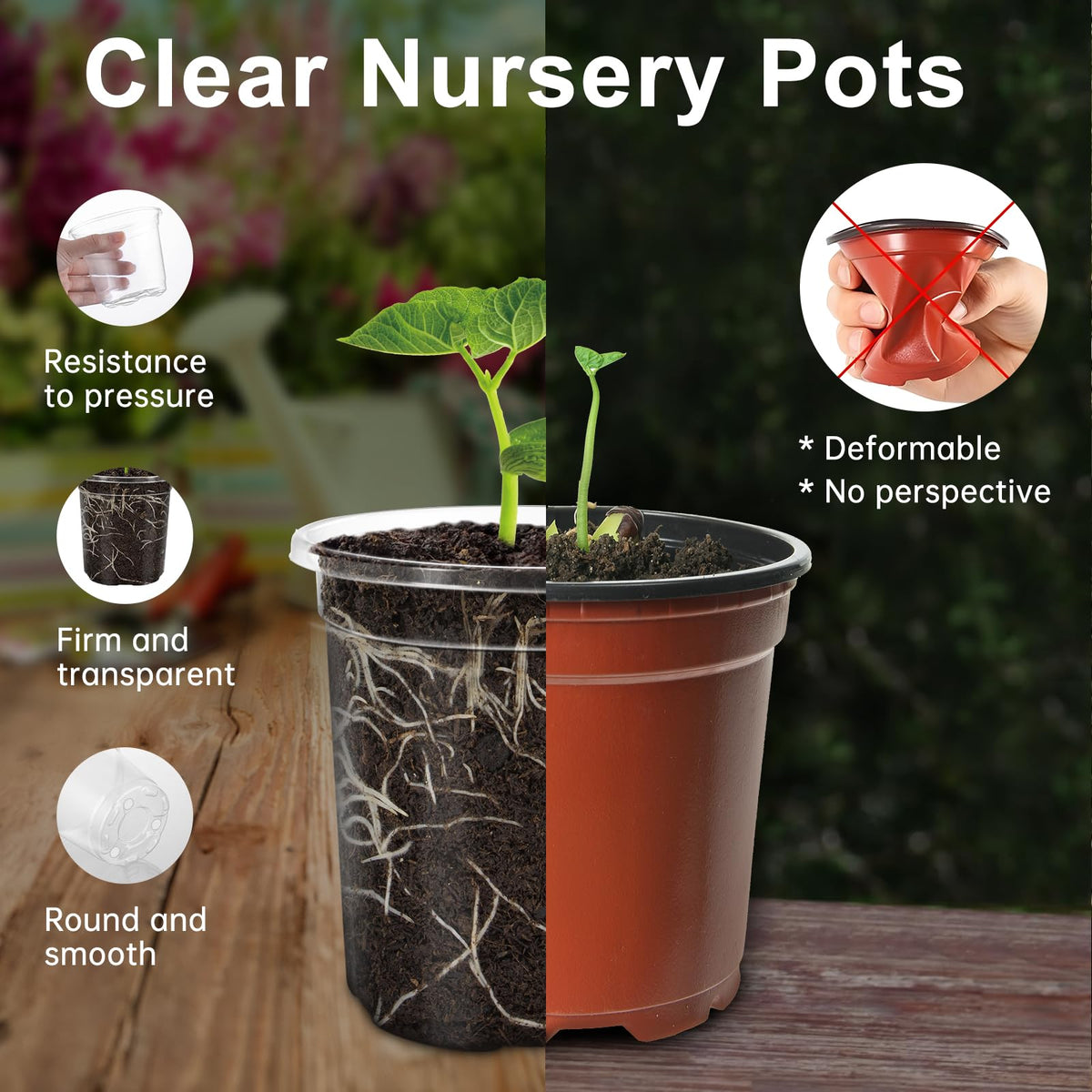 WandaQueen 36 Packs 6.5/5/4/3.5 Inch Reinforced Clear Nursery Pots with Drainage Hole, Variety Pack High Transparency Plastic Seedling Plant Pot with 20 Labels