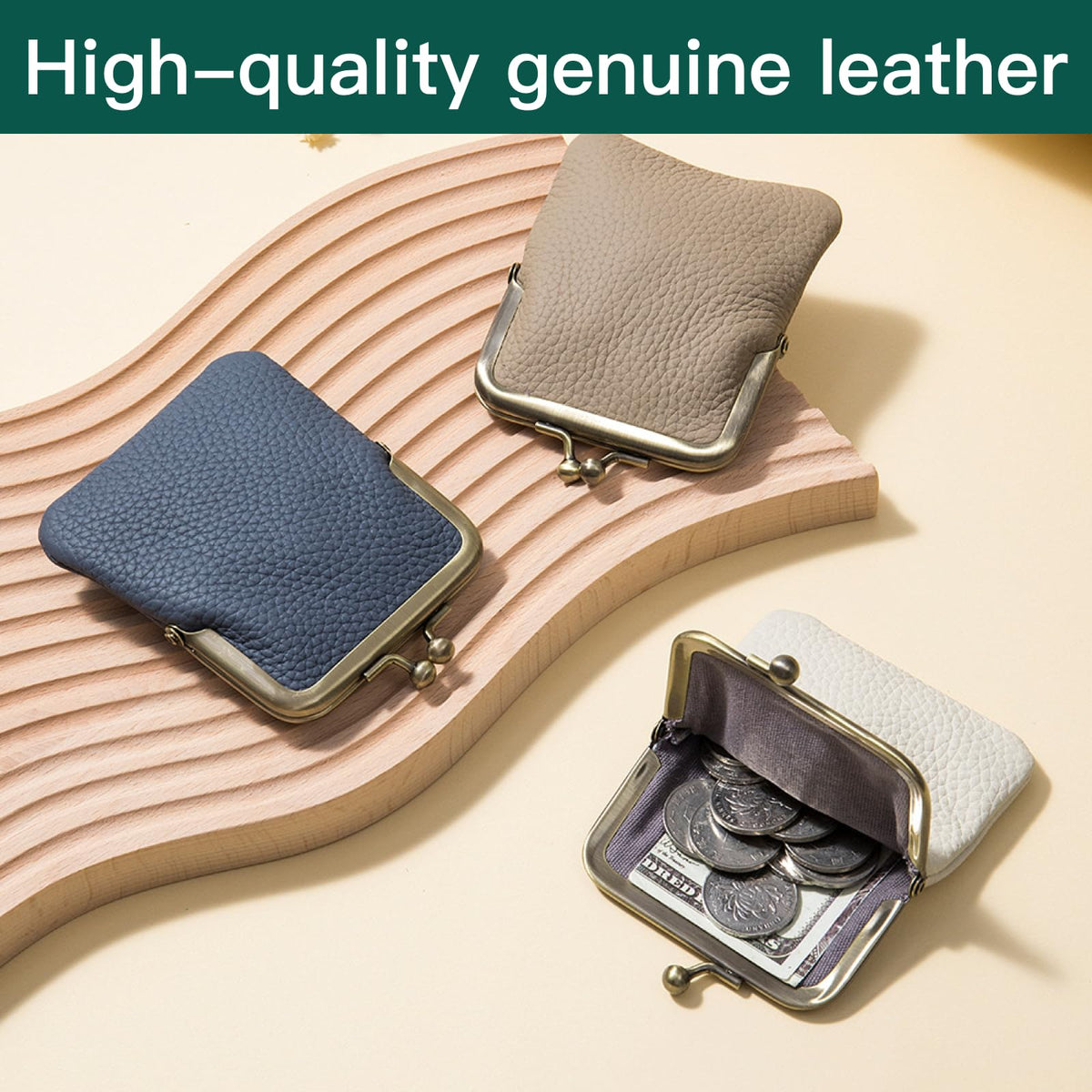 Genuine Leather Kiss Lock Coin Purse, Mini Wallet with Metal Clasp Frame, Small Change Holder, Gift for Women Men, Black