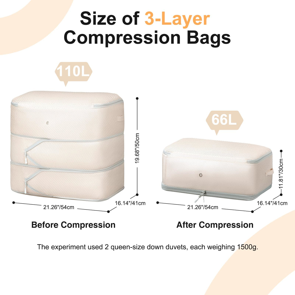 DIMJ Comforter Storage Bag - Large Capacity Ultra Space Saving Self Compression Organize for Duvet, Pillow, Bedding, Blanket Storage Organizer Nylon Compression Bags, Sheet Storage, Beige, 4 Pack