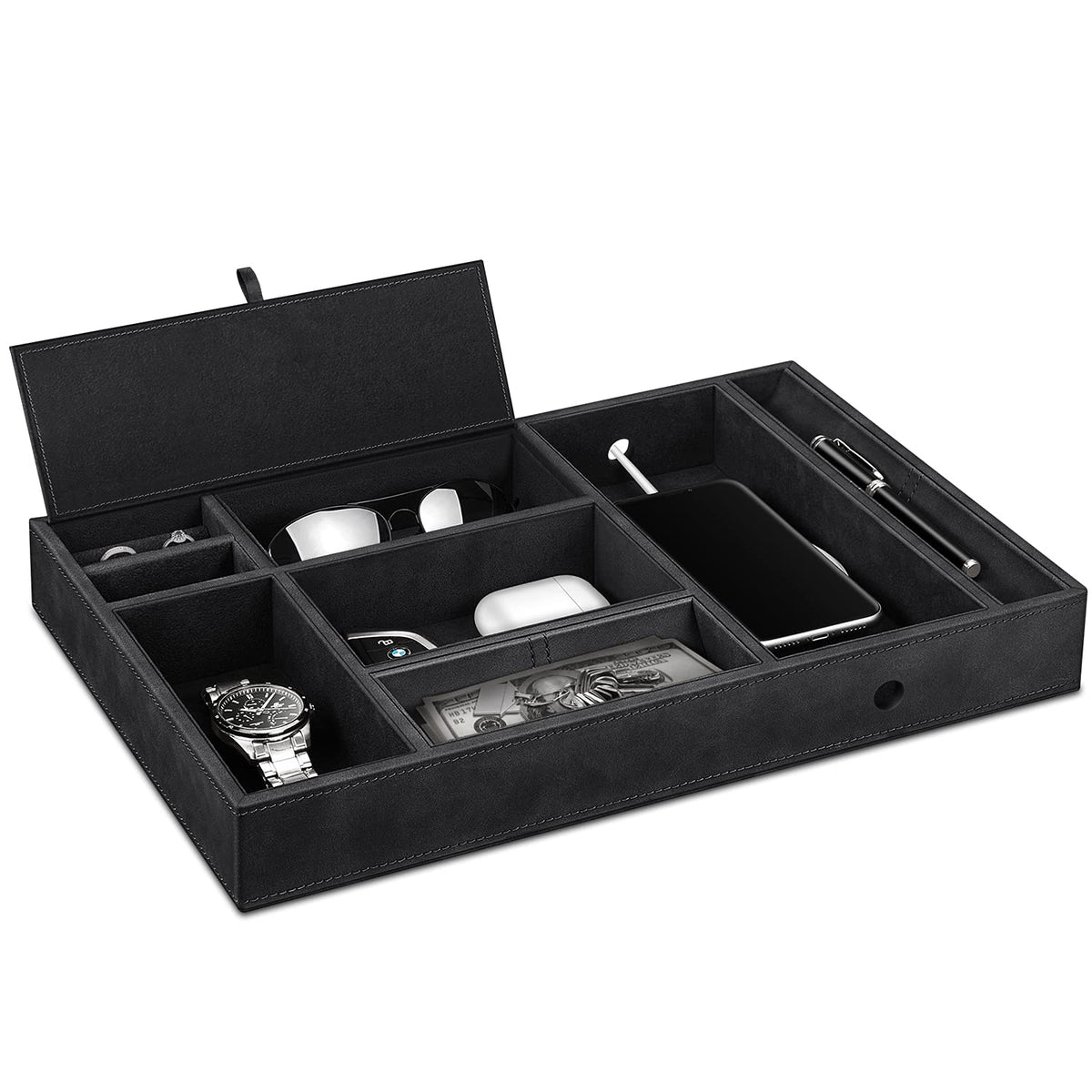 SITHON Valet Tray Desktop Organizer - 8 Compartments Catchall EDC Tray PU Leather Bedside Vanity Nightstand Caddy Coin Box Key Jewelry Storage Organizer, Black