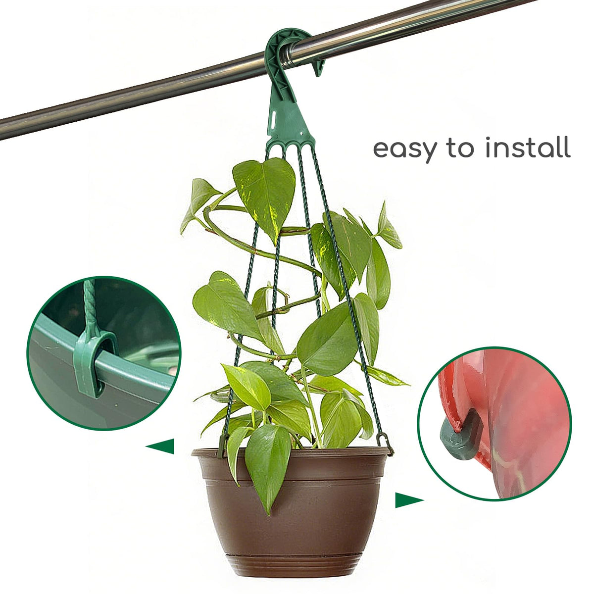 6 PCS Plastic Hanging Basket Hooks for Plants,4-Prong Detachable Pot Hangers for Indoor and Outdoor Use,Hanging Planter Holder Flower Pot,Green