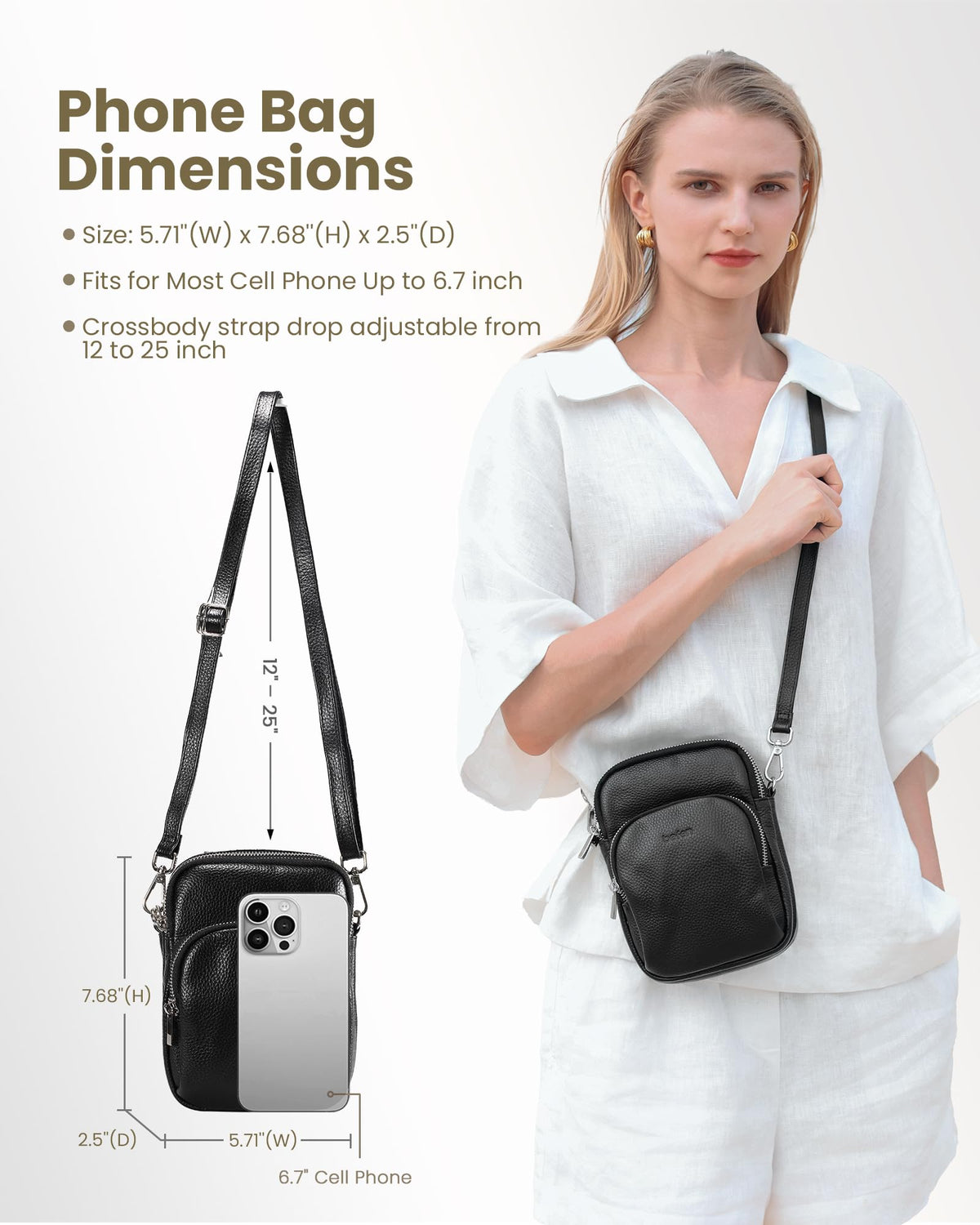 befen Small Black Genuine Leather Cross Body Bags for Women, Women's Adjustable Shoulder Strap Crossbody Purse Bag with Cell Phone Pocket and RFID Card Slots
