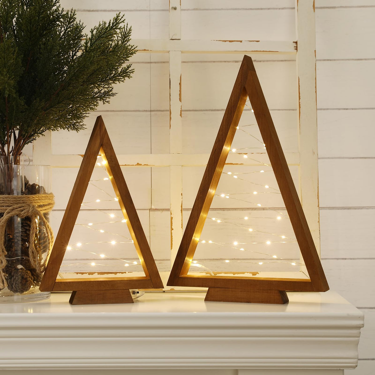 Christmas Decorations-2PCS Light Up Wooden Christmas Tree- Handmade Tabletop Christmas Tree with Light for Farmhouse Home Kitchen Table Mantle Shelf Party Decor
