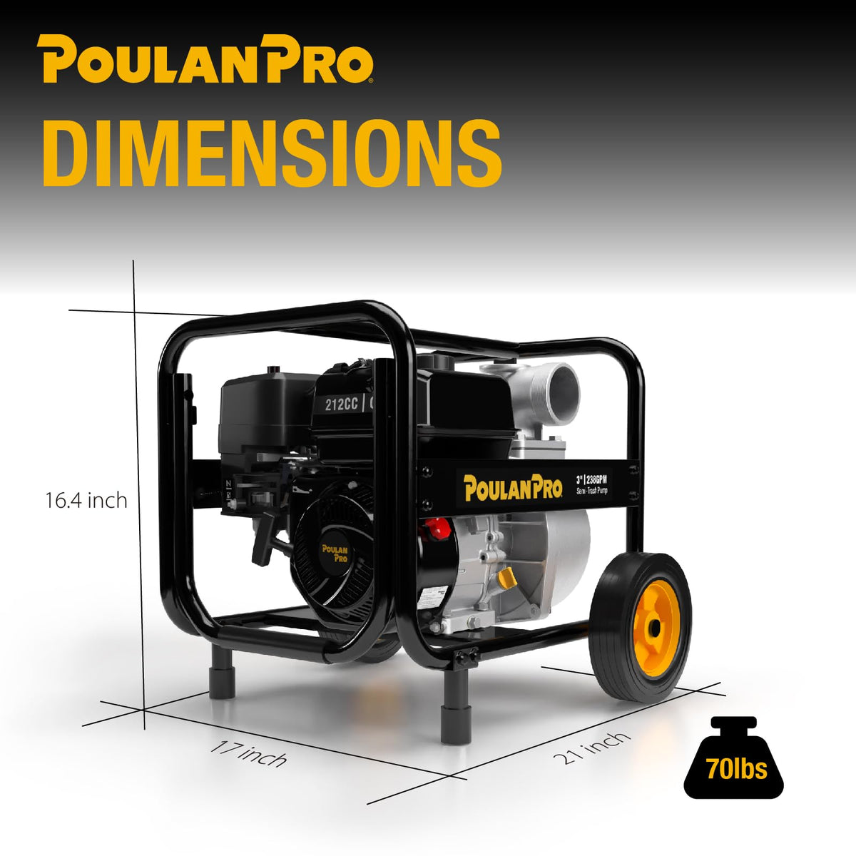 Poulan Pro Semi Trash Pump 3 Inch, 6HP 212cc 4-cycle Engine, 238GPM, 100ft Lift, 23ft Suction, Gas Powered Water Pump with Wheels & Handle for Pond, Sewage, and Pool (3 inch)