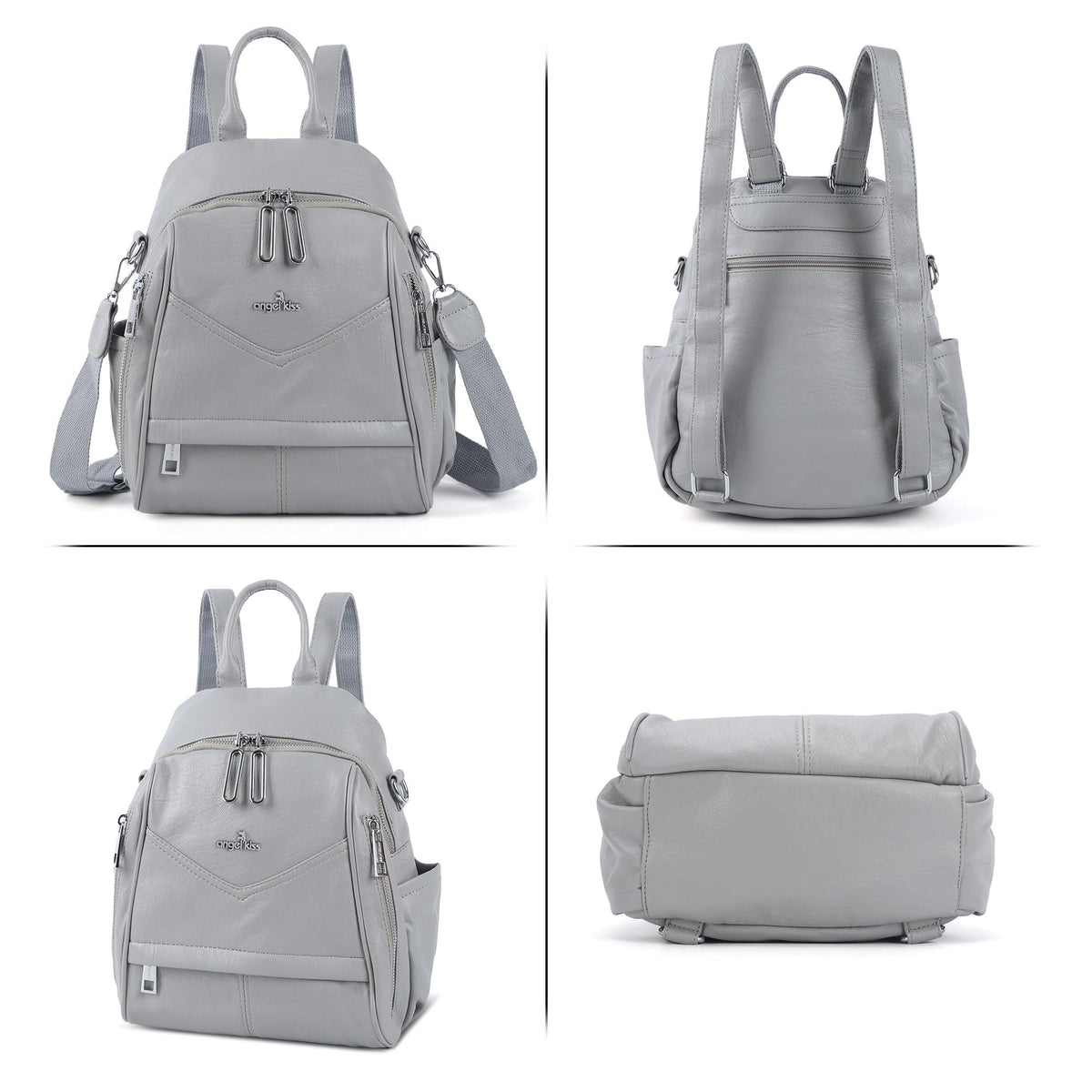 Angel Kiss Small Backpack Purse for Women,Soft Vegan Leather Roomy Backpacks,Designer Ladies Shoulder Backpack Fashion Handbag with Removable Strap,Grey