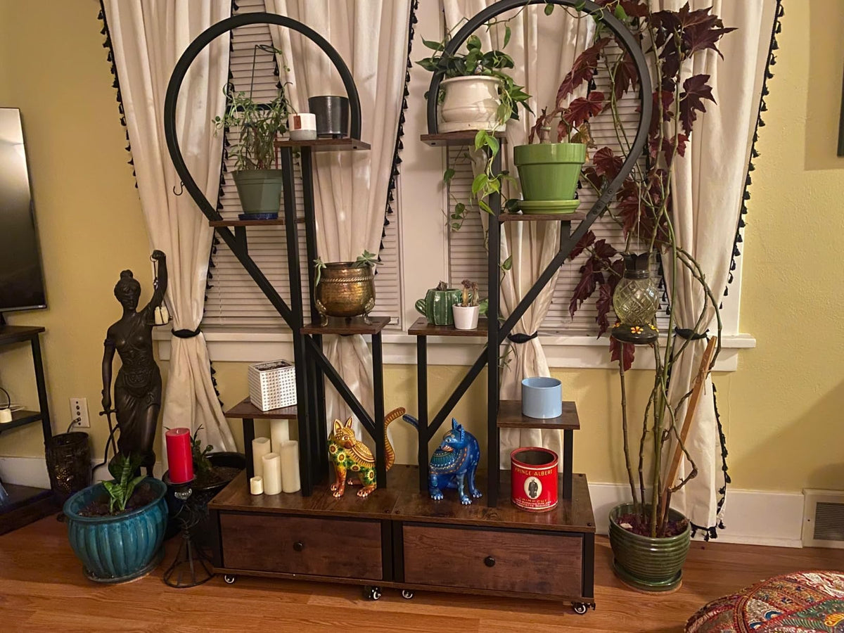 Heart Shaped Indoor Plant Stand with Rolling Storage Cabinet & Drawer, Multi-Tier Plant Shelf with Hanging Hooks & Casters for Home Office Living Room Patio Balcony, Rustic Brown, 2 Pack