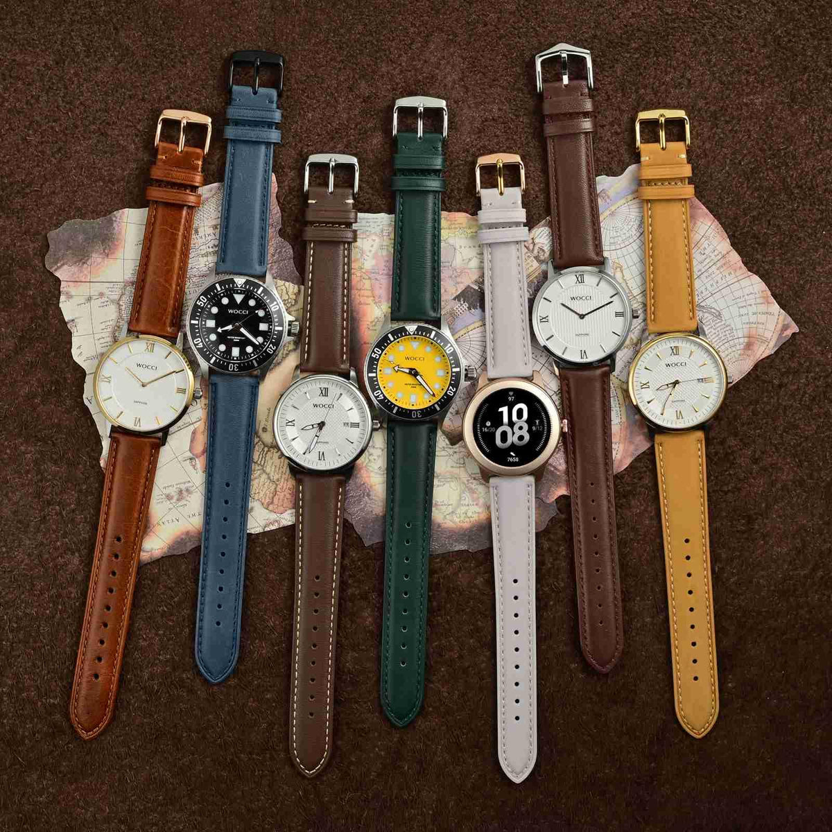 WOCCI 24mm Vintage Leather Watch Band for Men and Women, Silver Buckle (Dark Brown/Contrasting Stitch)