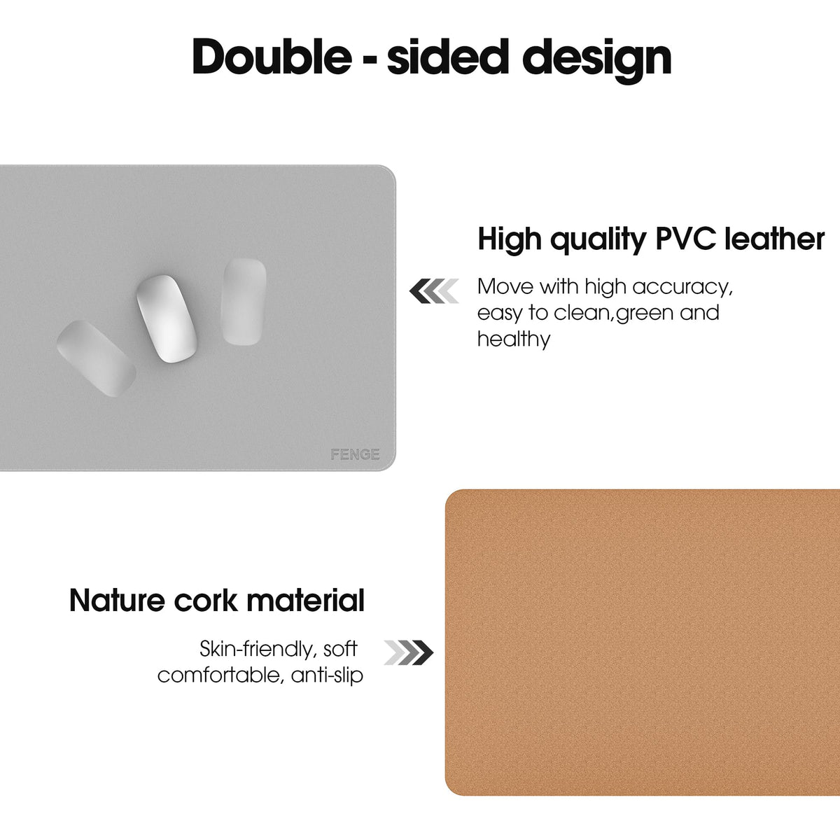 Fenge Desk Pad Mat, Water Resistant Mouse Pad, Double-Sided Mouse Mat with Anti-Slip Cork Base, Faux Leather Desk Blotter for Home Office, Laptop, Mouse, 23.6 x 13.8 Inches, Light Grey