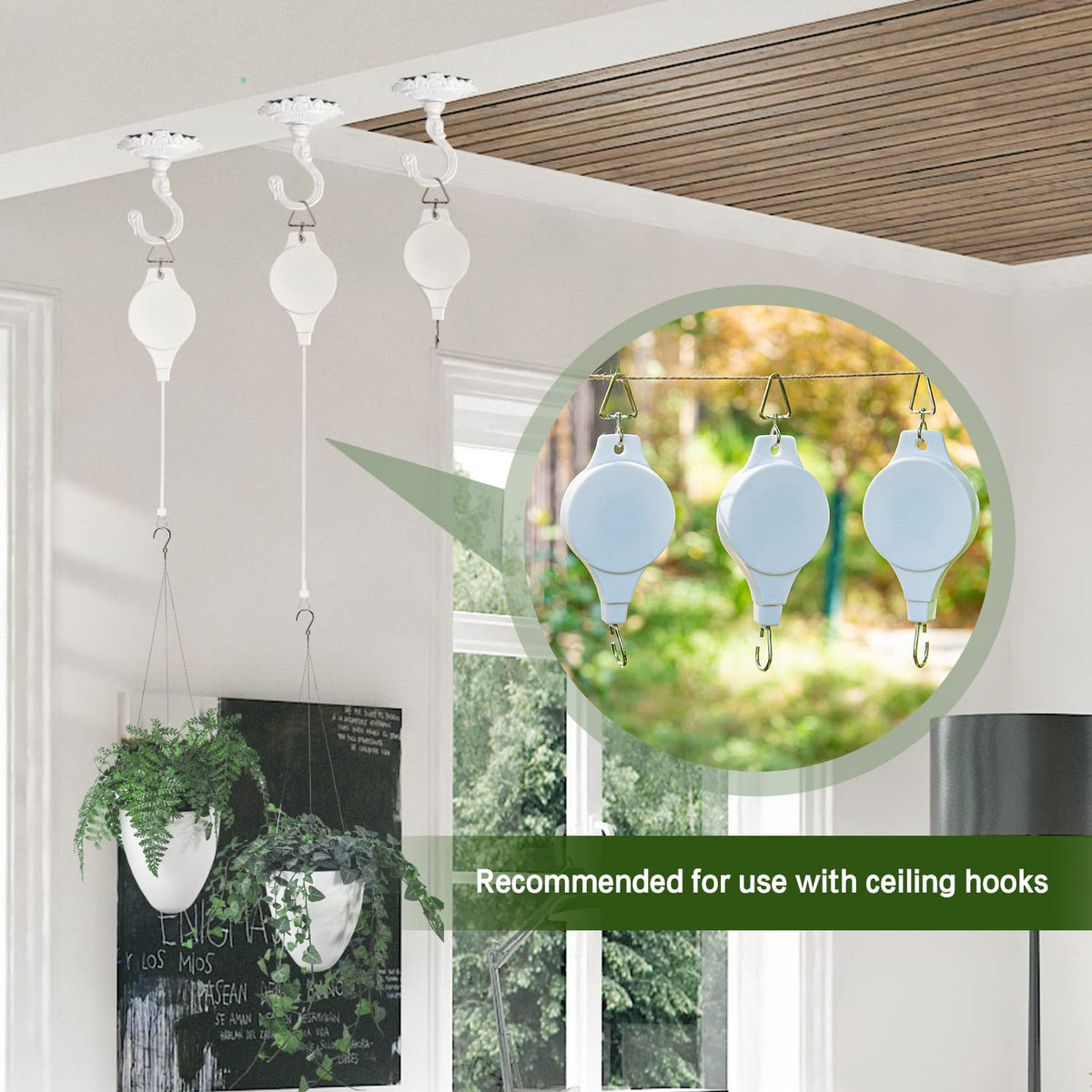 Sungmor Heavy Duty Ceiling Hooks for Hanging Planters, 3pcs Set Indoor Outdoor Plant Pulleys Adjustable Plant Hangers, Plant Hooks for Hanging Basket Flower Pot Bird Feeder