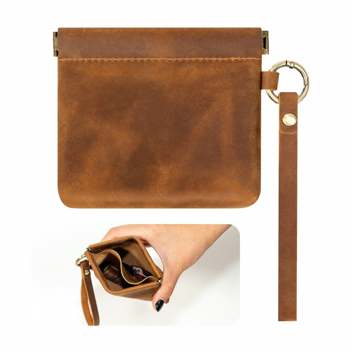 Leather Coin Purse with Wristlet, Aesthestyle Coin Pouch with Dual Interlayer, Card and Change Holder, Easy Clip on without Zipper, Squeeze Coin Wallet, Handmade Genuine Leather Wallet For Men/Women