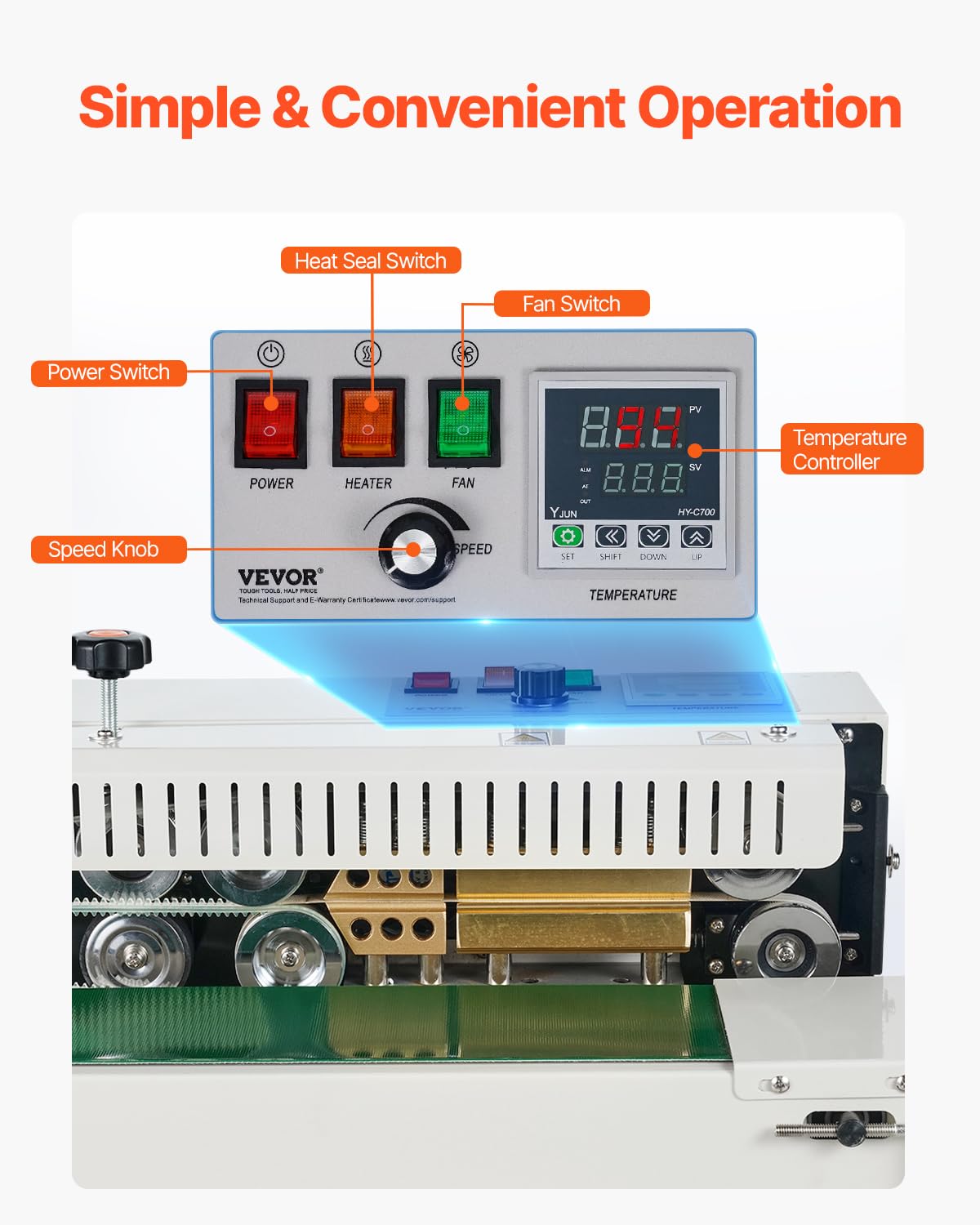 VEVOR Continuous Bag Band Sealing Machine, 0.24-0.47 in/6-12 mm Seal Width, Horizontal Band Sealer Machine with Digital Temperature Control, Bag Sealer for 0.02-0.8 mm Plastic Bags, Inflation Function