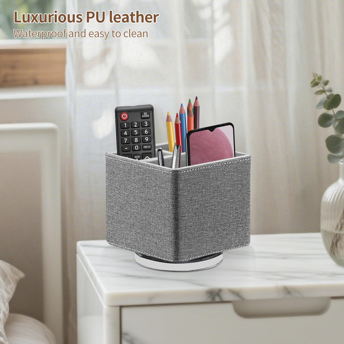 YAPISHI Remote Control Holder, 360° Swivel TV Remote Holder for Table, PU Leather Remotes Caddy, Nightstand Organizer for Media Controllers/Makeup/Office Supplies, Bedside Decorations for Living Room