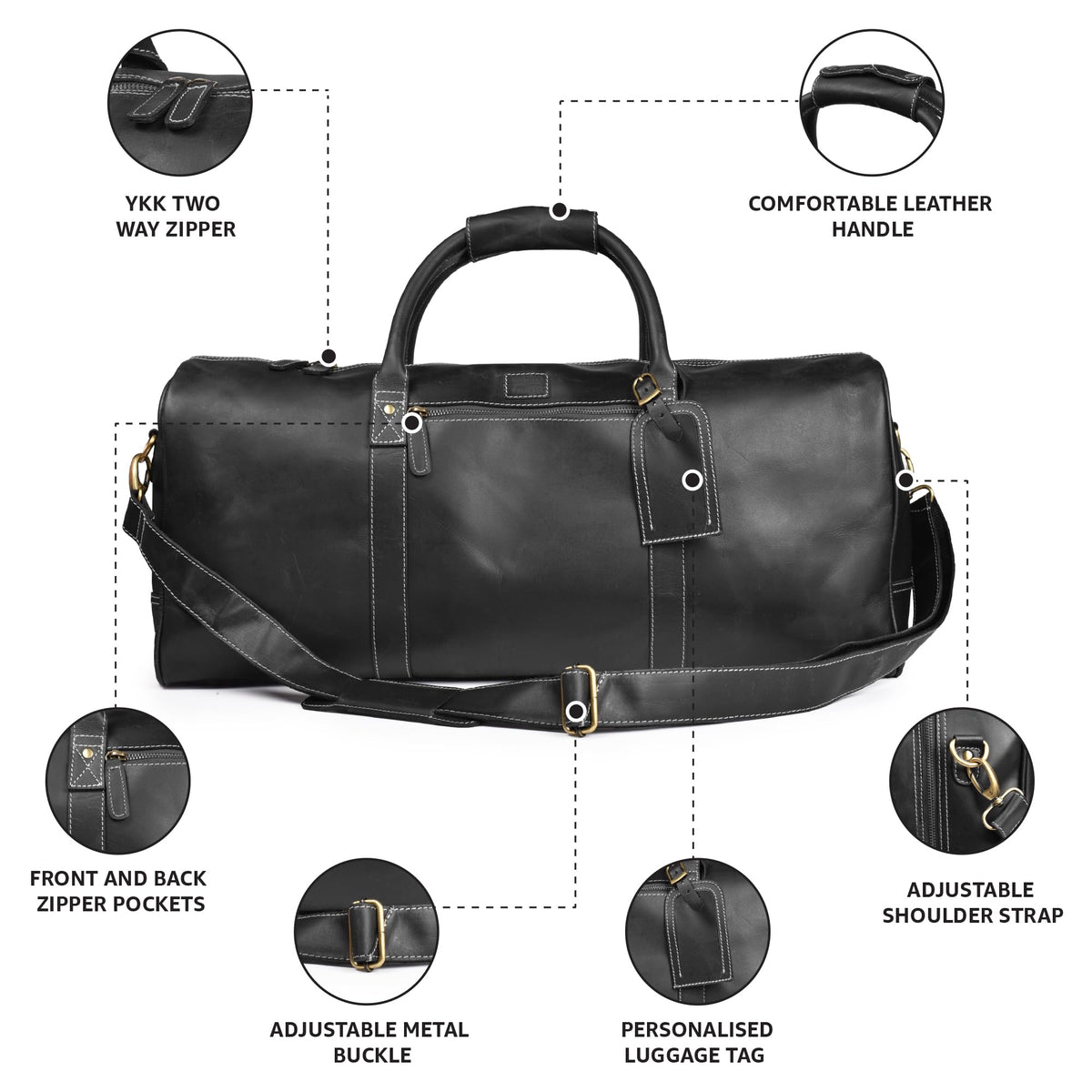Leather Village Leather Duffel Bags for Men & Women-Stylish Travel Weekender Carry-On Sports Gym Overnight Luggage Bag - 20 Inch - Black
