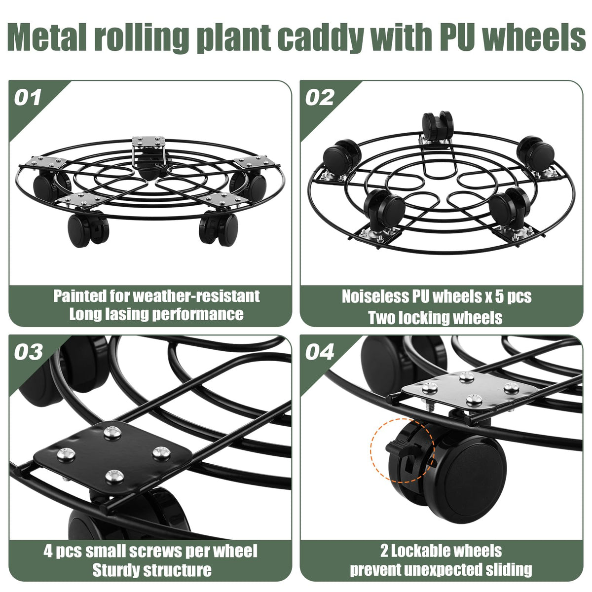 5 Packs 13.5" Large Metal Plant Caddy with Wheels Iron Rolling Plant Stands Heavy-duty Plant Roller Base Pot Movers Indoor Outdoor Plant Dolly with 5 Casters Plant Trolley Coaster Holder